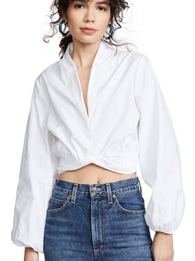 70/21 Crisp White Cropped V-Neck Balloon Sleeve Top Size S Minimalist Summer